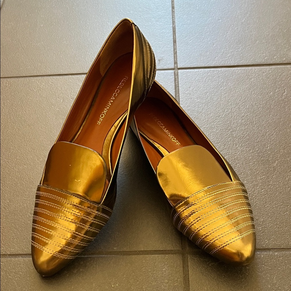 Rebecca Minkoff 100% Leather Shiny Gold Flats Loafers size 8.5